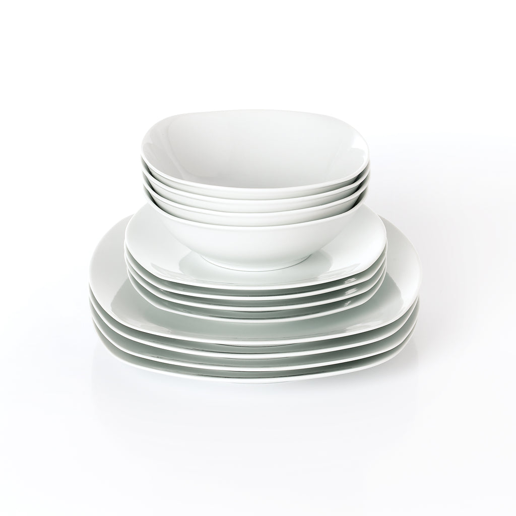 Waterside 12pc White Square Porcelain Dinner Set- 4 x 26.8cm Dinner Plate, 4 x 20cm Side Plates & 4 x 17.8cm Deep Bowl -( video attached)