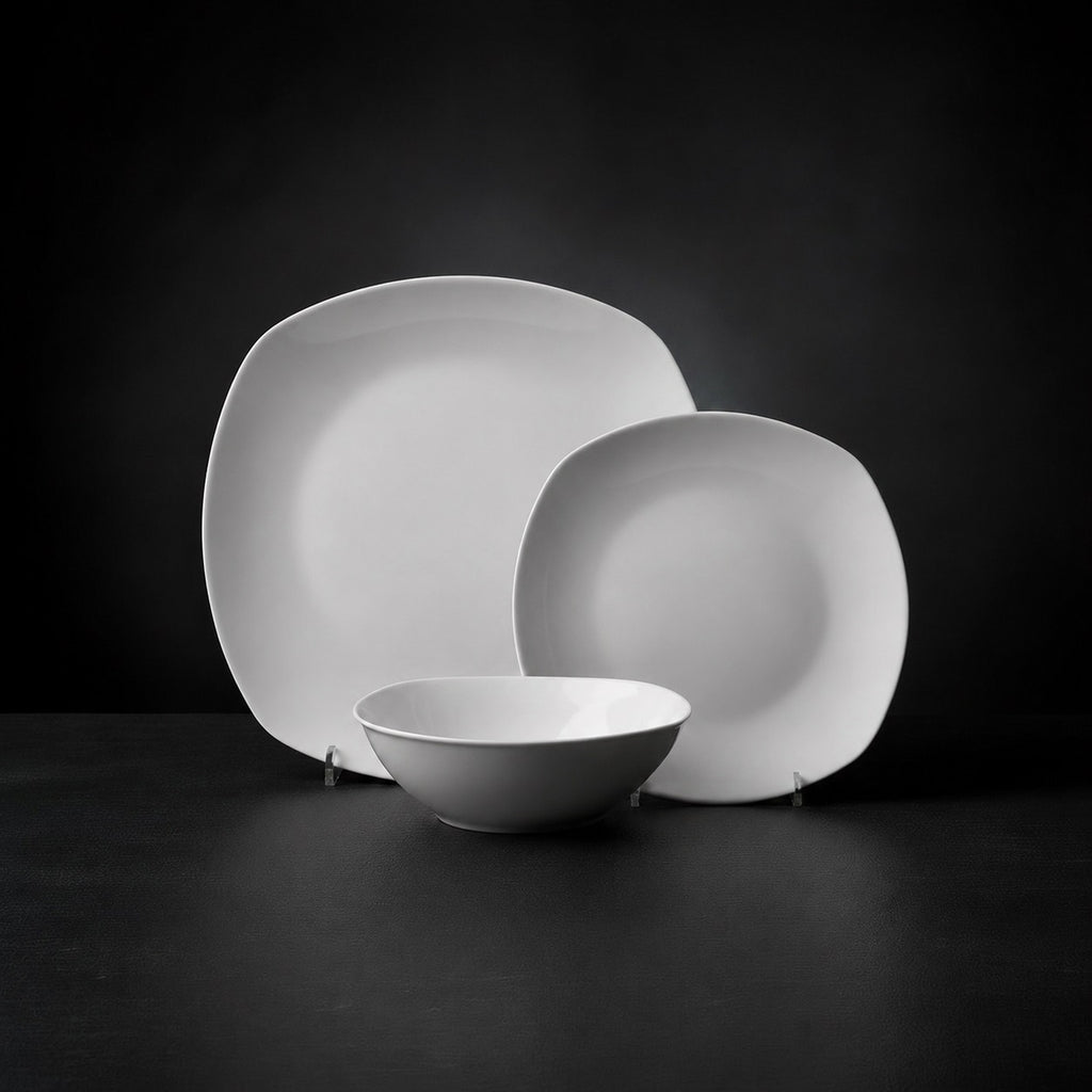 Waterside 12pc White Square Porcelain Dinner Set- 4 x 26.8cm Dinner Plate, 4 x 20cm Side Plates & 4 x 17.8cm Deep Bowl -( video attached)