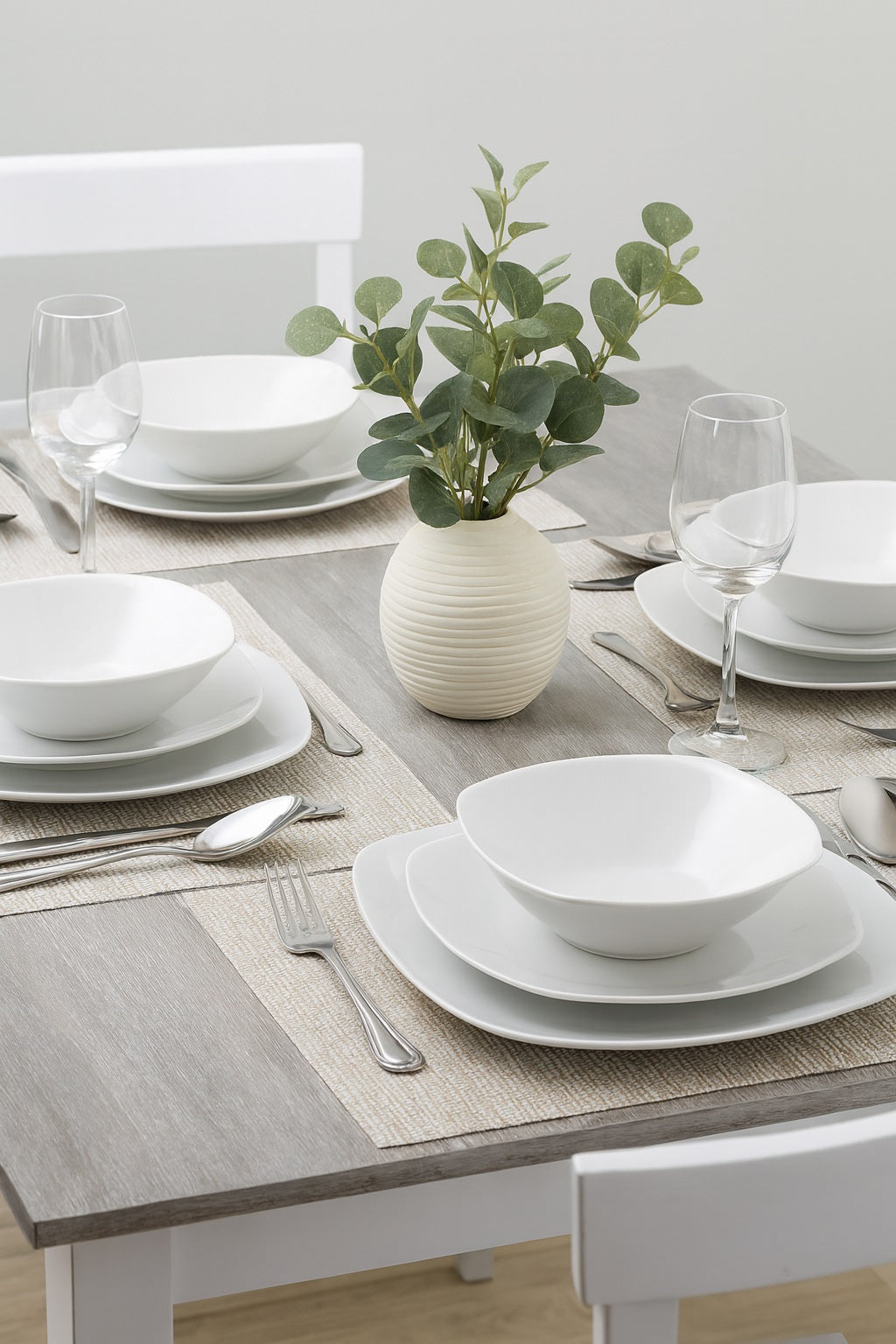 Waterside 12pc White Square Porcelain Dinner Set- 4 x 26.8cm Dinner Plate, 4 x 20cm Side Plates & 4 x 17.8cm Deep Bowl -( video attached)