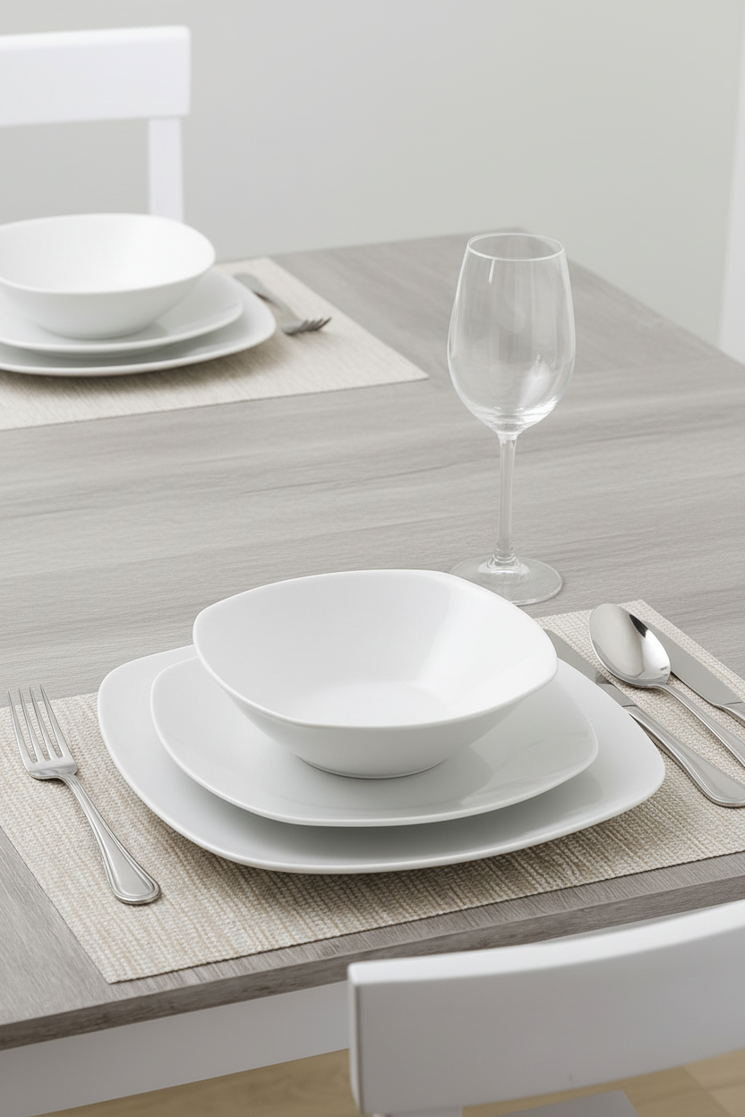 Waterside 12pc White Square Porcelain Dinner Set- 4 x 26.8cm Dinner Plate, 4 x 20cm Side Plates & 4 x 17.8cm Deep Bowl -( video attached)
