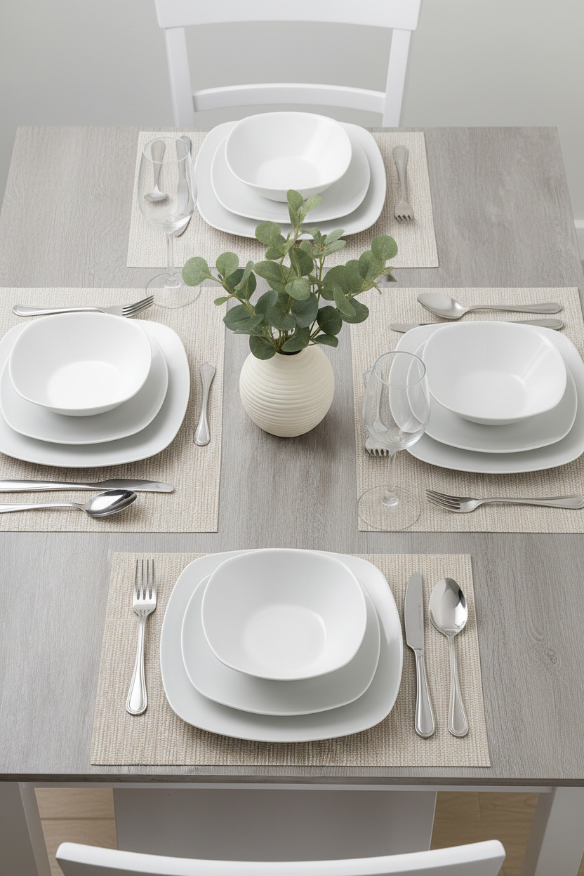 Waterside 12pc White Square Porcelain Dinner Set- 4 x 26.8cm Dinner Plate, 4 x 20cm Side Plates & 4 x 17.8cm Deep Bowl -( video attached)