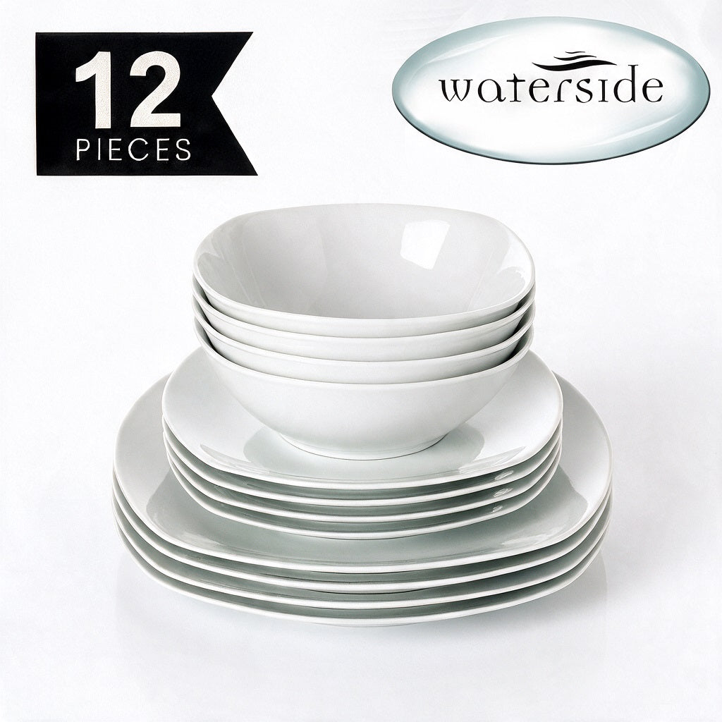 Waterside 12pc White Square Porcelain Dinner Set- 4 x 26.8cm Dinner Plate, 4 x 20cm Side Plates & 4 x 17.8cm Deep Bowl -( video attached)