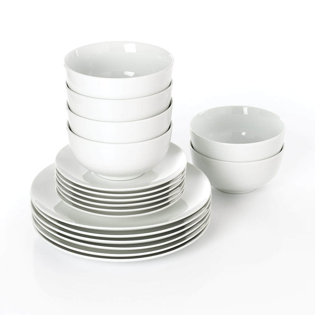 Waterside 18pc White ROUND  Porcelain Dinnerware Set; 6 Dinner Plates, Side Plates & Bowls ( video included)
