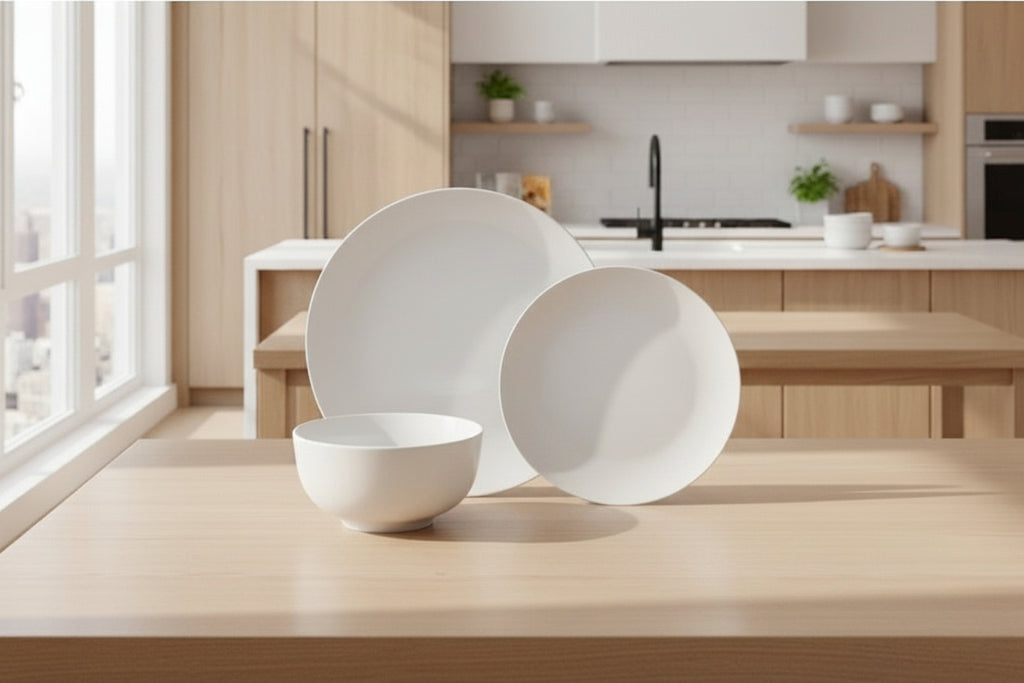 Waterside 18pc White ROUND  Porcelain Dinnerware Set; 6 Dinner Plates, Side Plates & Bowls ( video included)