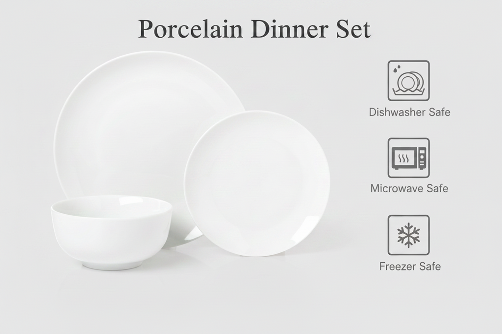 Waterside 18pc White ROUND  Porcelain Dinnerware Set; 6 Dinner Plates, Side Plates & Bowls ( video included)