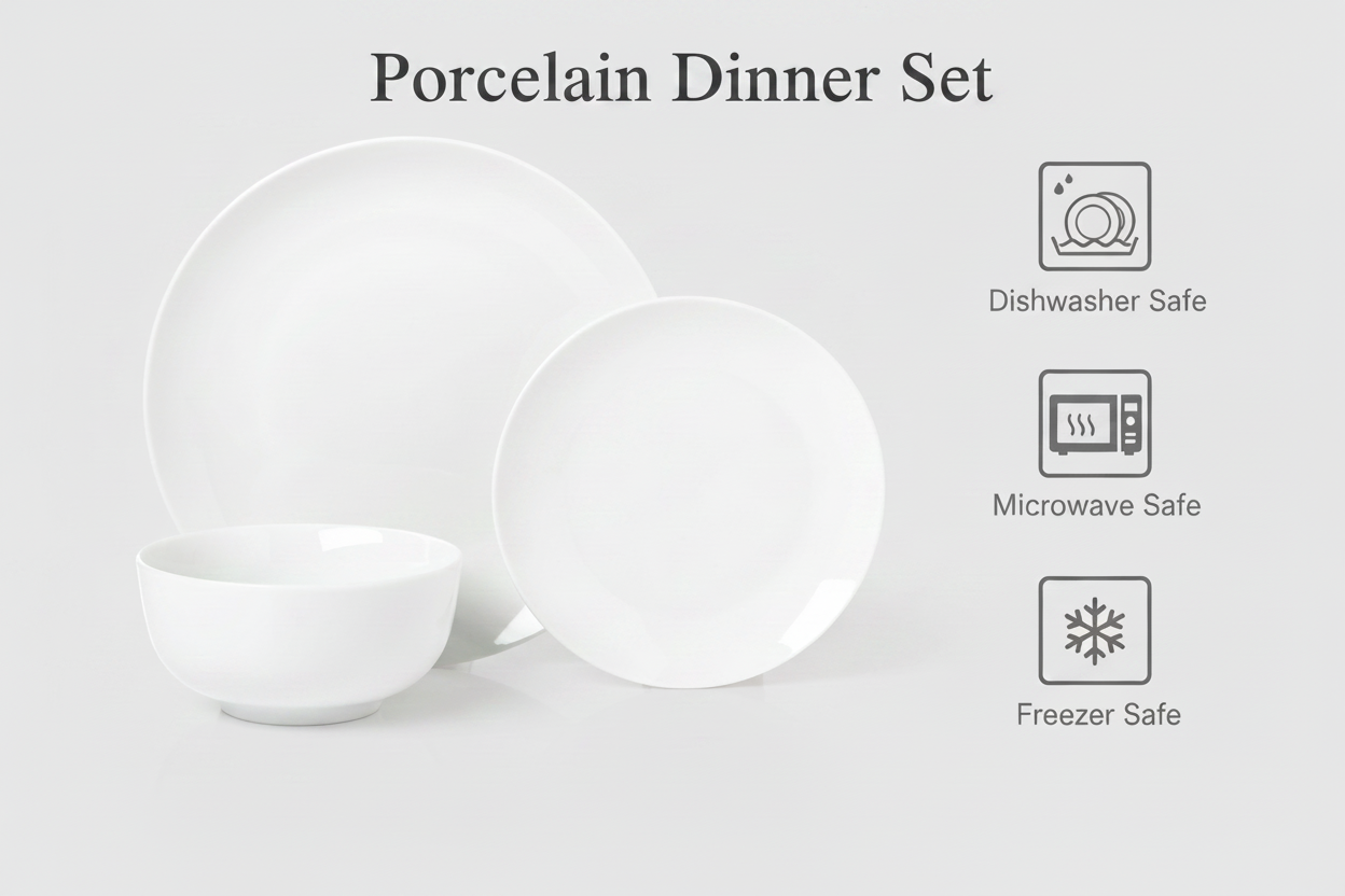 Waterside 18pc White ROUND  Porcelain Dinnerware Set; 6 Dinner Plates, Side Plates & Bowls ( video included)