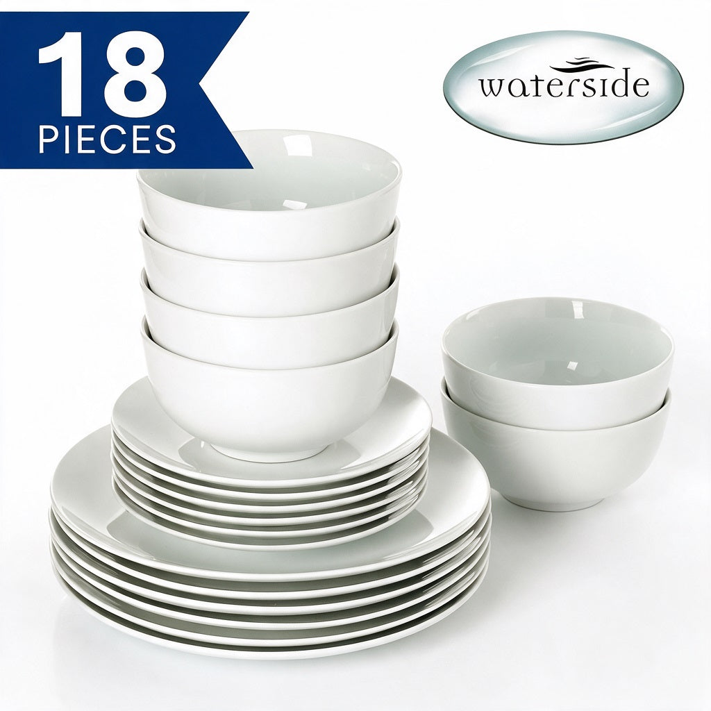 A 18-piece white ceramic dinnerware set including bowls and plates, shown stacked on a white background with a blue '18 PIECES' banner and a 'waterside' logo.