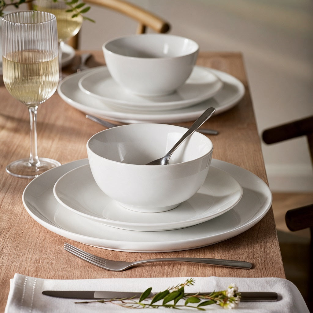 Waterside 18pc White ROUND  Porcelain Dinnerware Set; 6 Dinner Plates, Side Plates & Bowls ( video included)