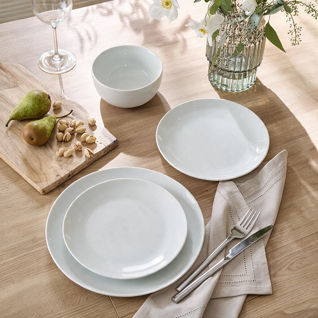 Waterside 18pc White ROUND  Porcelain Dinnerware Set; 6 Dinner Plates, Side Plates & Bowls ( video included)
