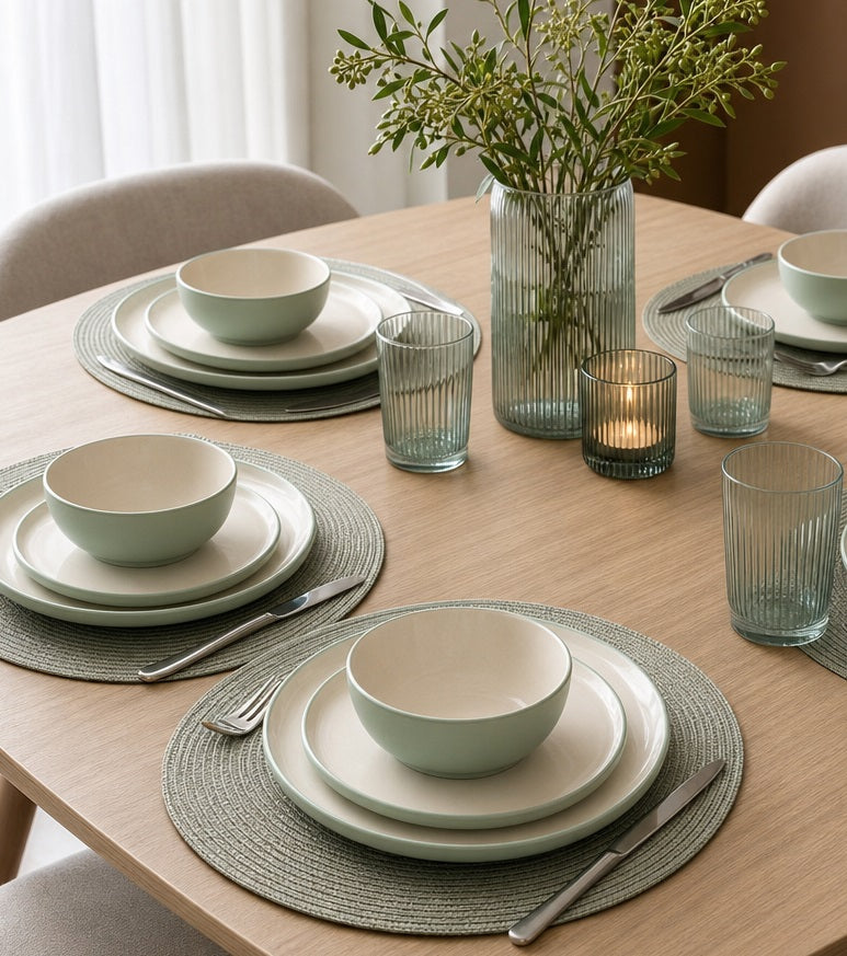Waterside 12pc Mysa Cream & Green Dinner Set