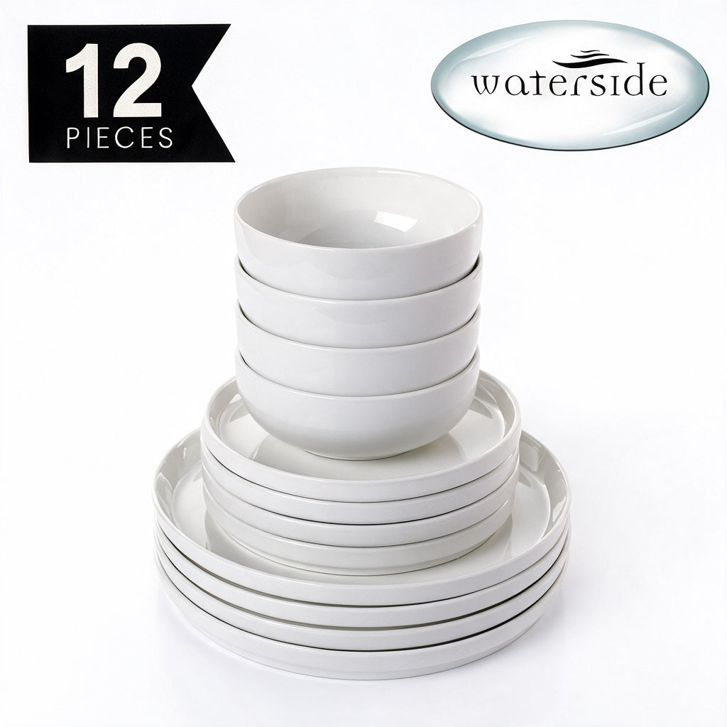 A set of 12 white ceramic dinnerware pieces, including bowls and plates, stacked neatly on a white background. A black banner in the top left corner reads '12 PIECES', and a light blue oval logo in the top right reads 'waterside'.
