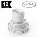A set of 12 white ceramic dinnerware pieces, including bowls and plates, stacked neatly on a white background. A black banner in the top left corner reads '12 PIECES', and a light blue oval logo in the top right reads 'waterside'.