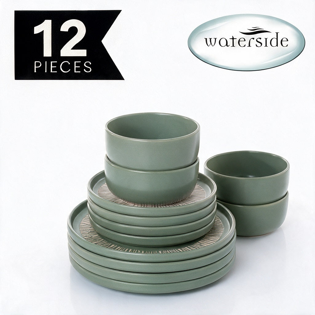 Waterside 12pc Aura Sage Green Stoneware  Dinner Set