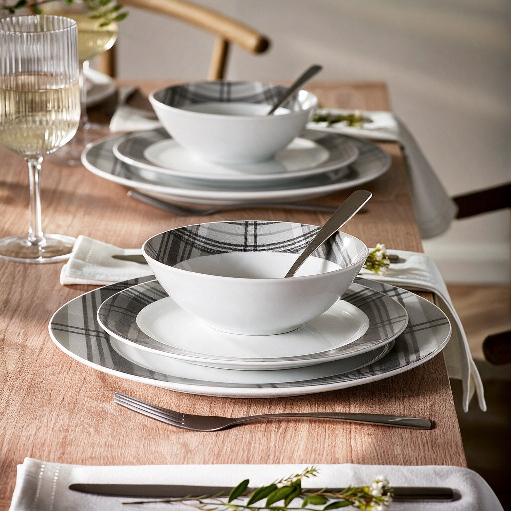 Waterside 12pc Grey Tartan Dinner Set