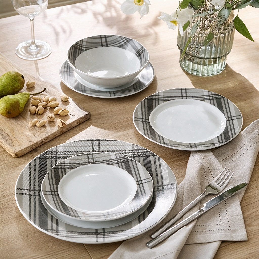 Waterside 12pc Grey Tartan Dinner Set