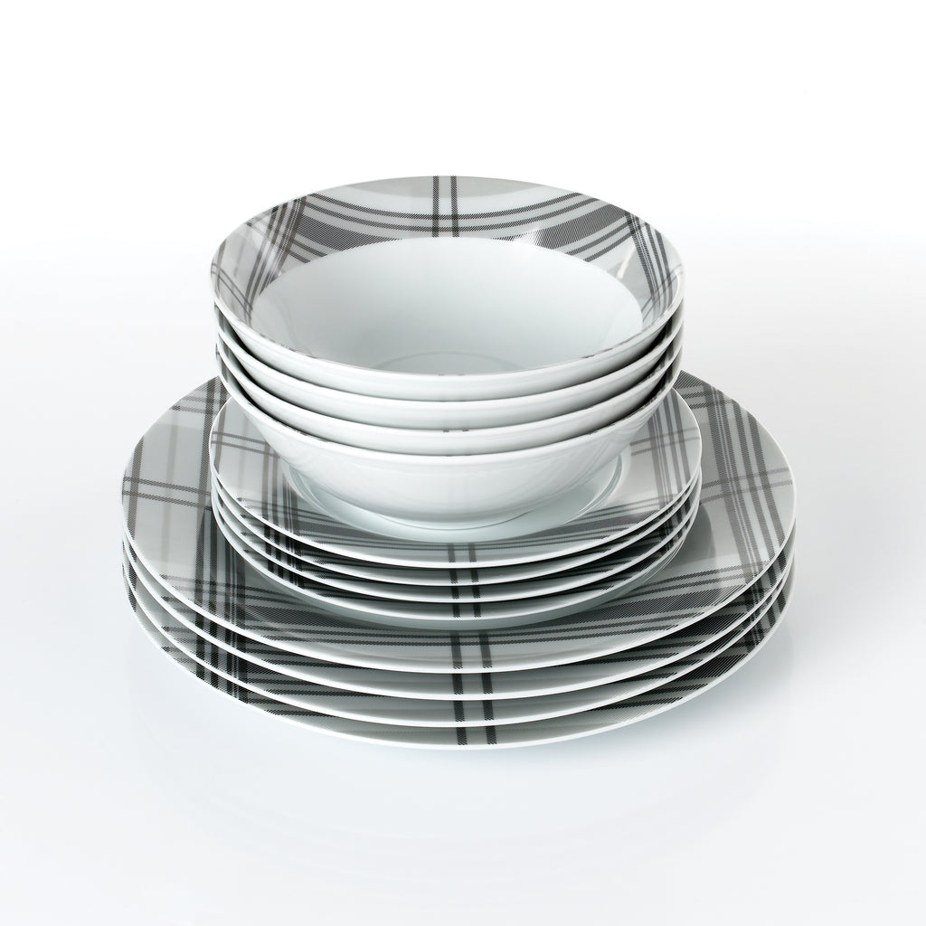 Waterside 12pc Grey Tartan Dinner Set