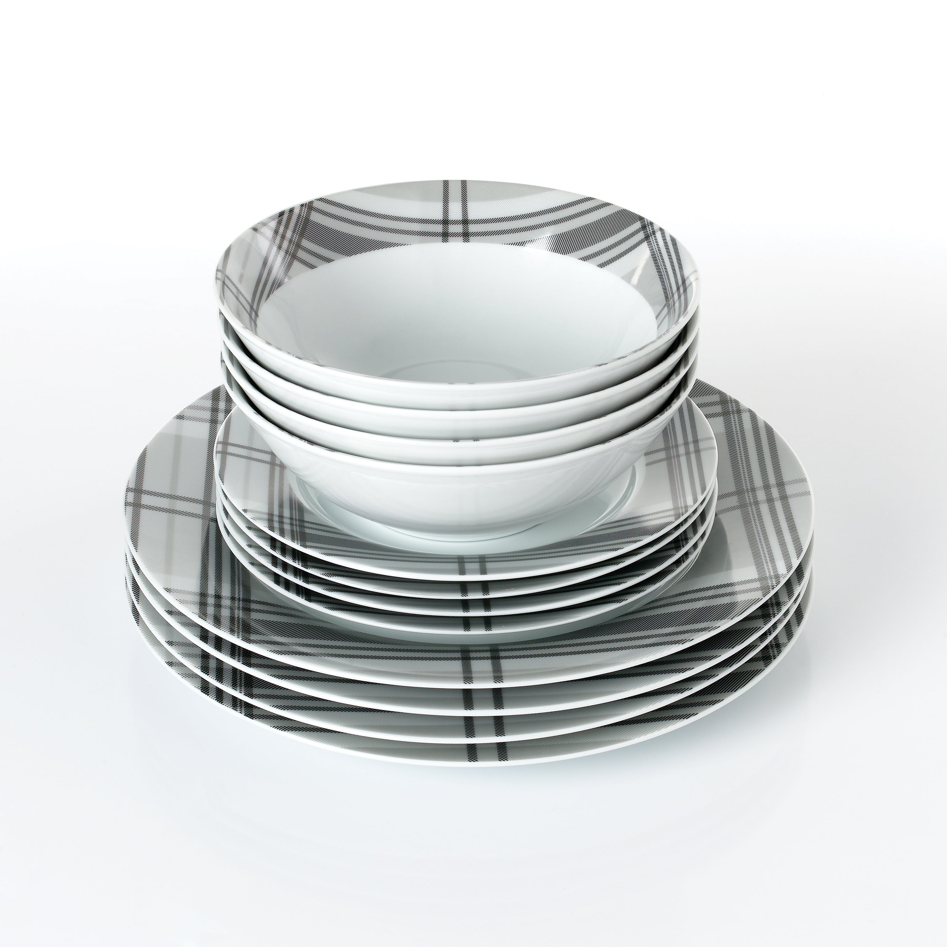 Waterside 12pc Grey Tartan Dinner Set