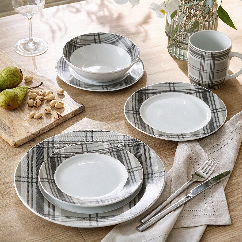 Waterside 16pc Grey Tartan Dinner Set