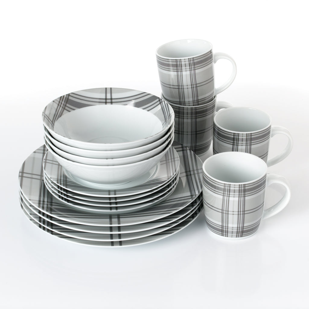 Waterside 16pc Grey Tartan Dinner Set