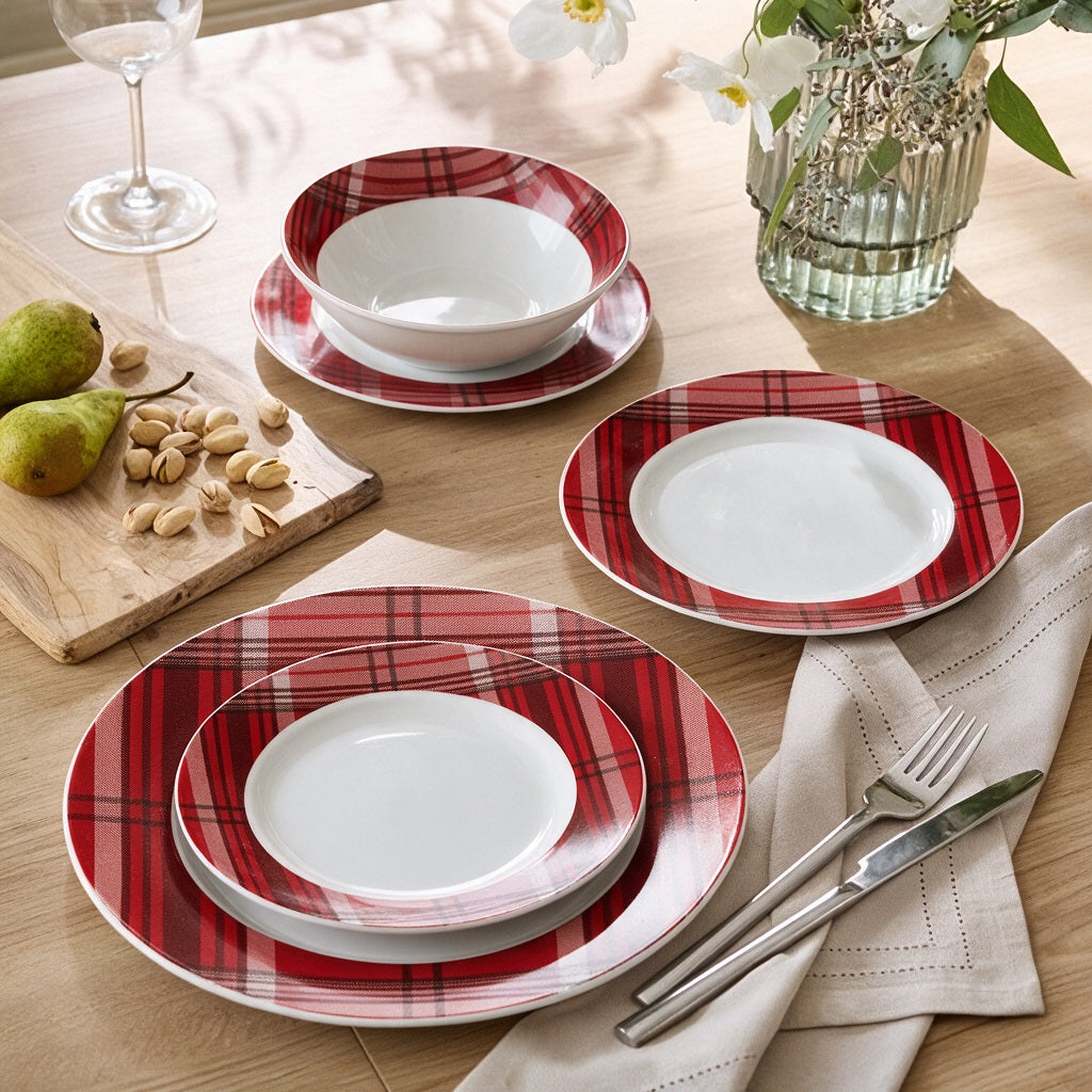 Waterside 12pc Red Tartan Dinner Set