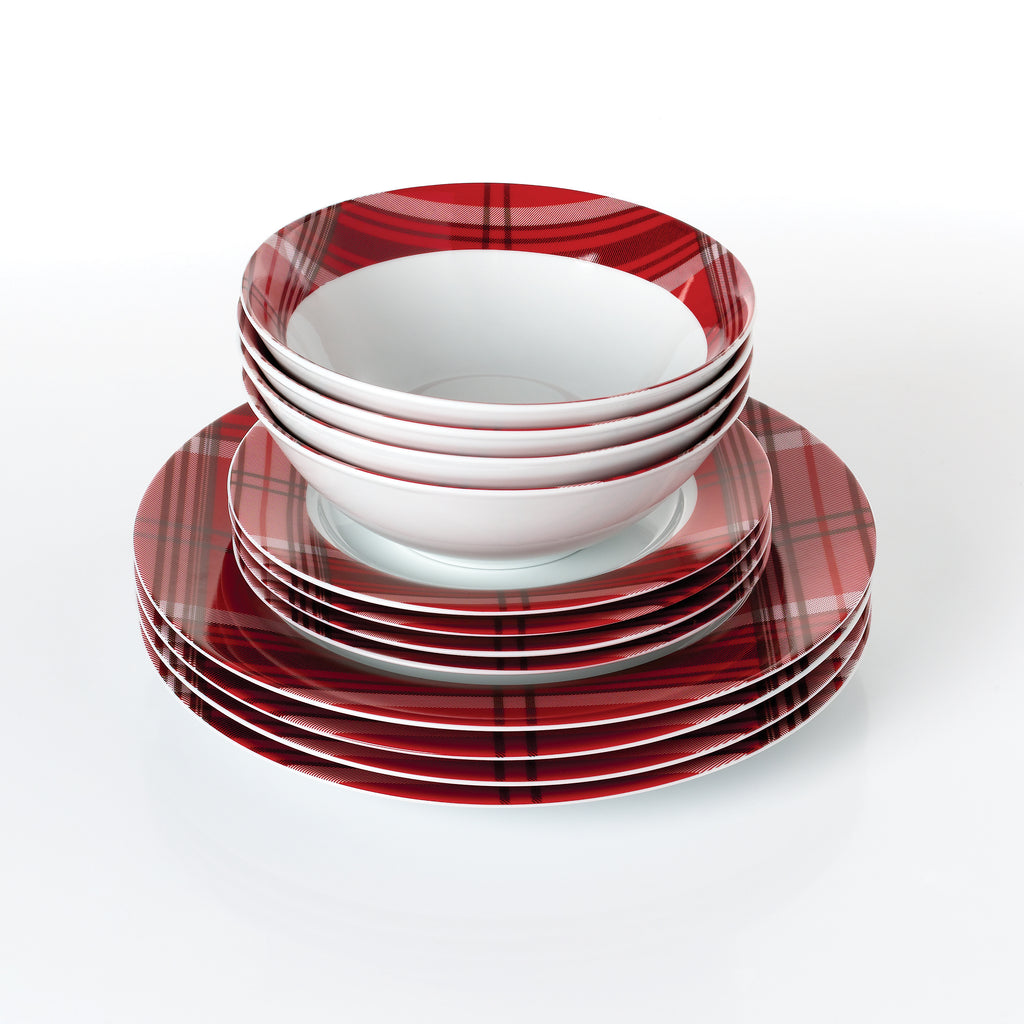 Waterside 12pc Red Tartan Dinner Set