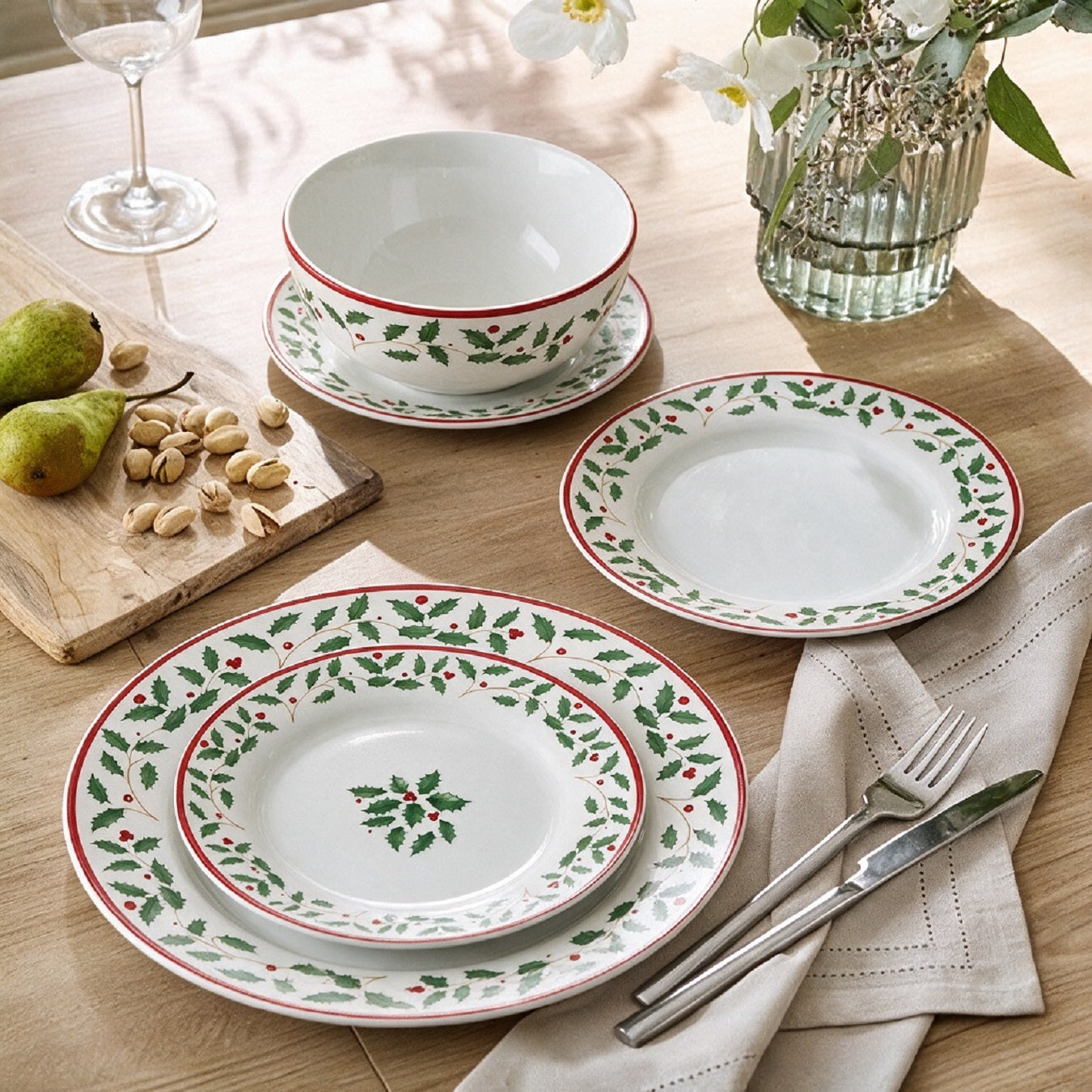 Waterside 12pc Holly Christmas Porcelain Dinnerware Set