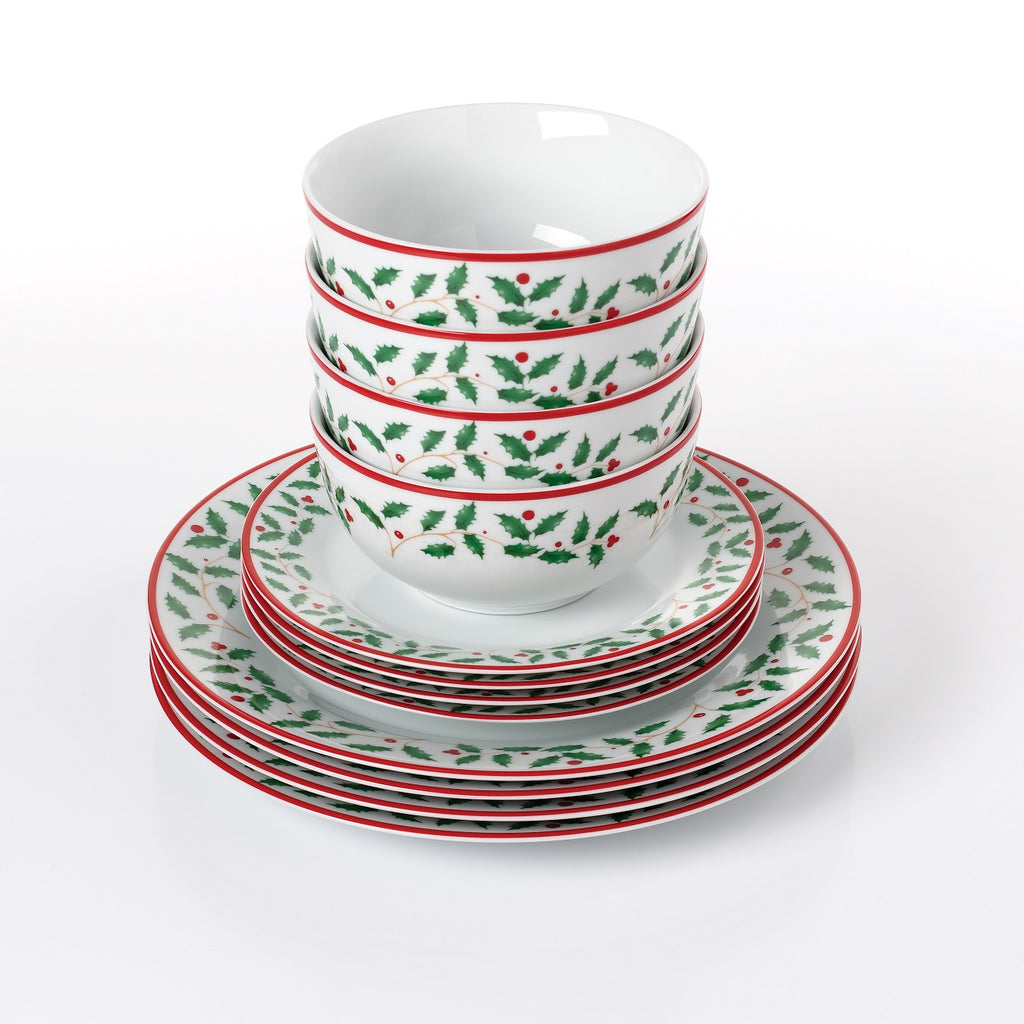 Waterside 12pc Holly Christmas Porcelain Dinnerware Set