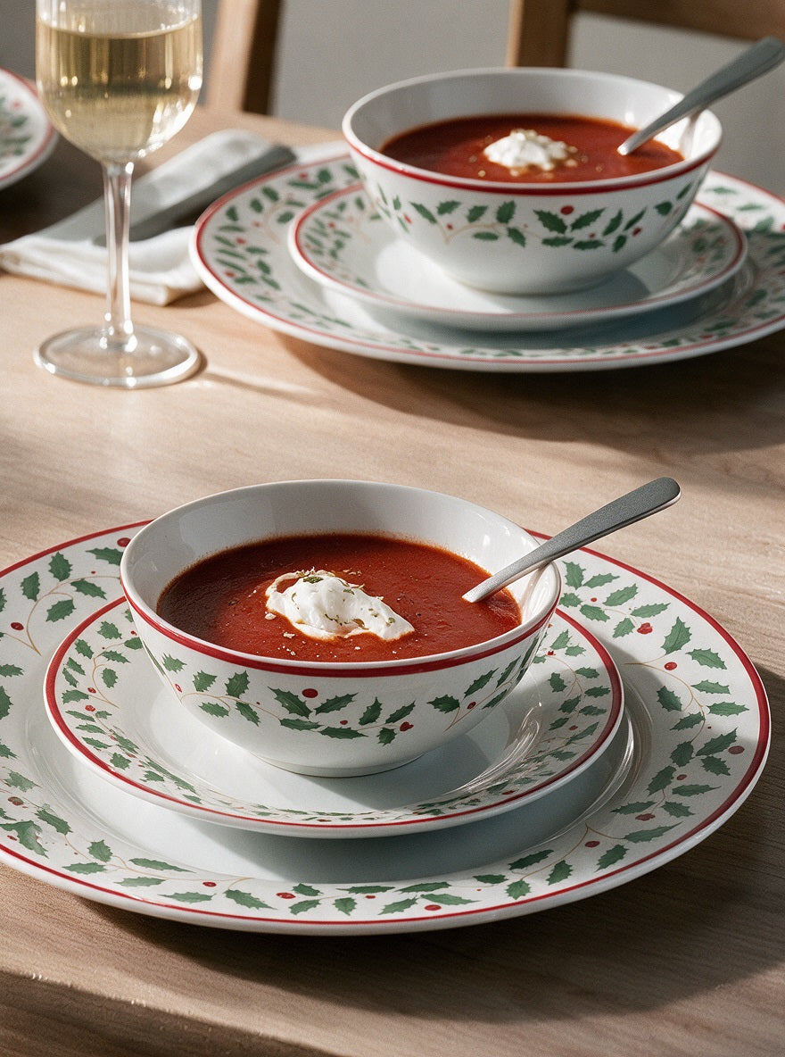 Waterside 12pc Holly Christmas Porcelain Dinnerware Set