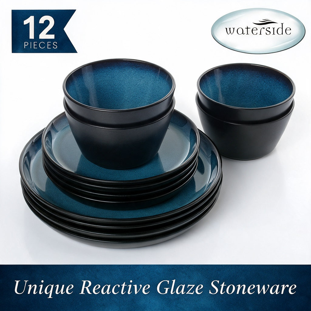 Waterside 12PC Lipped Blue Reactive Glaze Stoneware Dinner Set