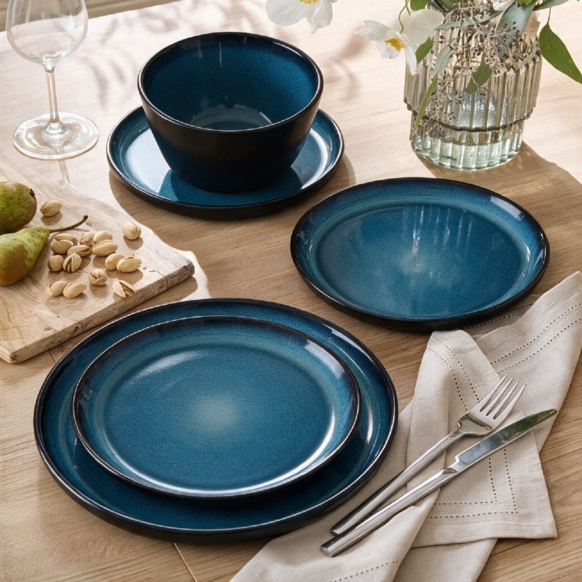 Waterside 12PC Lipped Blue Reactive Glaze Stoneware Dinner Set