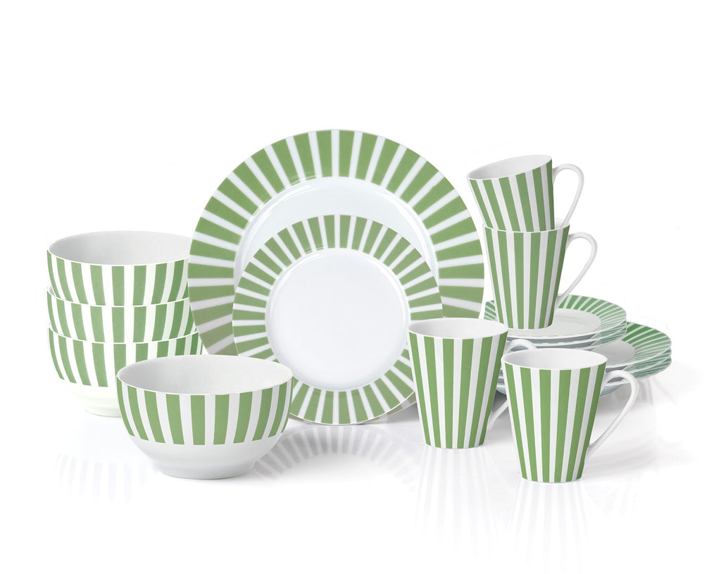 Waterside Green Stripe Porcelain Dinner Set 16 Piece
