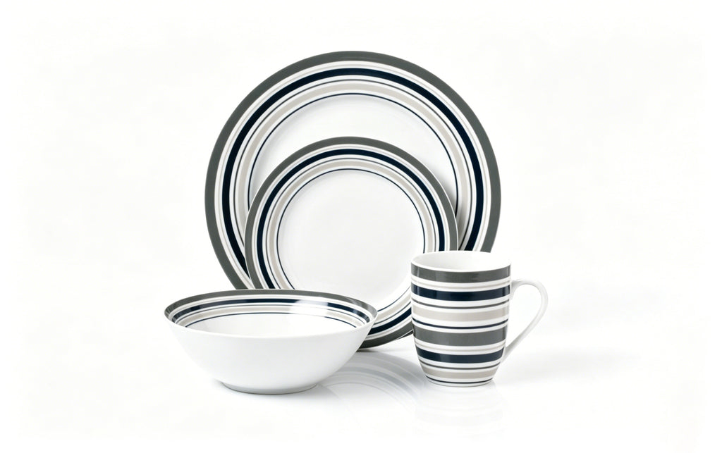 Waterside Brompton Grey & Navy  Stripe Porcelain Dinner Set 16 Piece