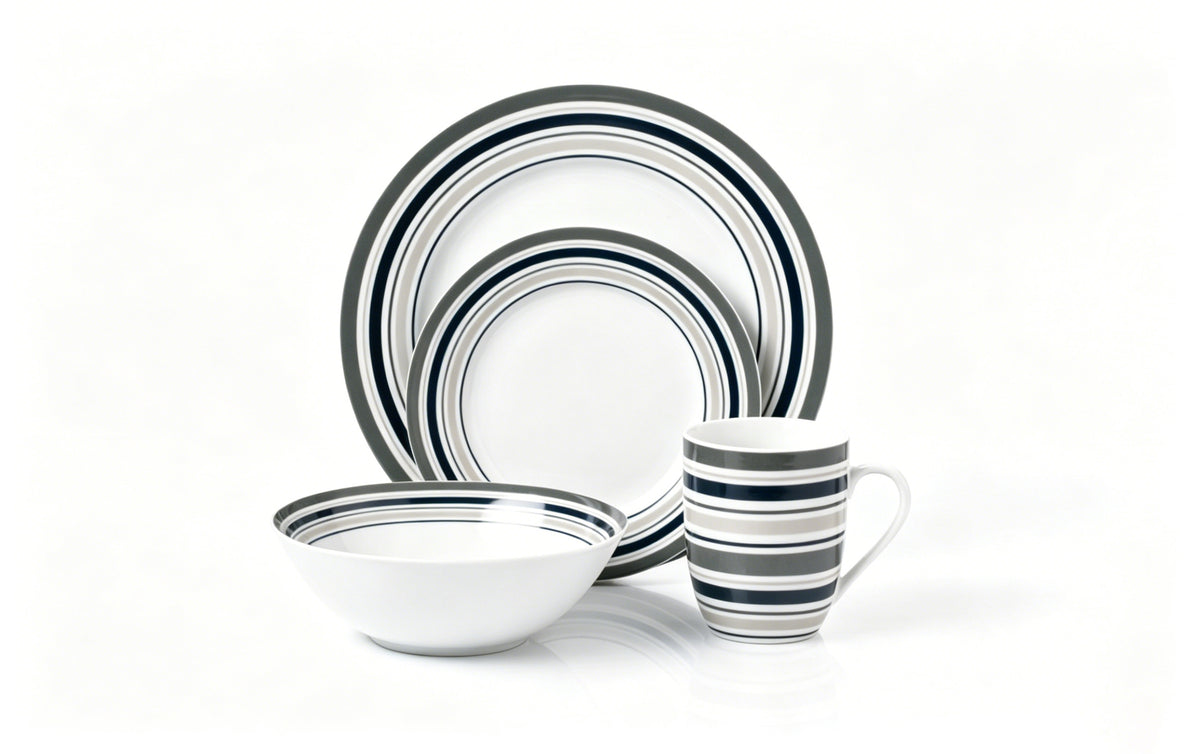 Waterside Brompton Grey & Navy  Stripe Porcelain Dinner Set 16 Piece