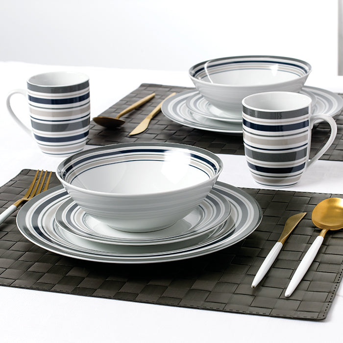 Waterside Brompton Grey & Navy  Stripe Porcelain Dinner Set 16 Piece