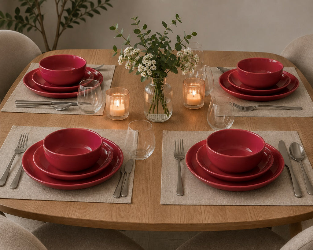 Waterside 12pc Red Lipped Stoneware Dinner Set