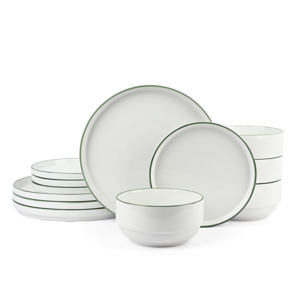 Waterside 12pc Stackable White with Green Rim Porcelain Dinner Set (Video Attached)