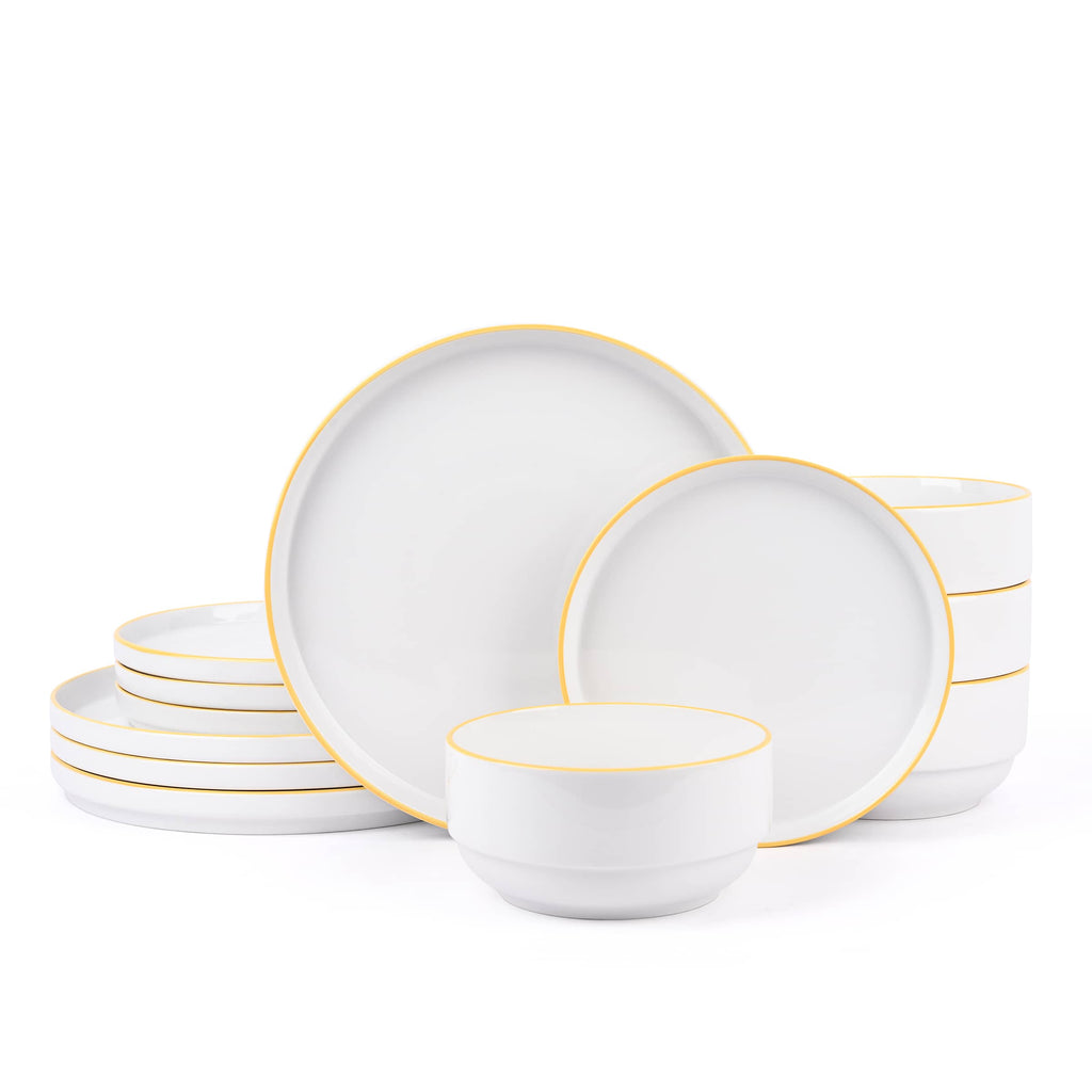 Waterside 12pc Stackable White with Yellow Rim Porcelain Dinner Set (Video Attached)