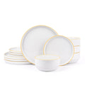 Waterside 12pc Stackable White with Yellow Rim Porcelain Dinner Set (Video Attached)