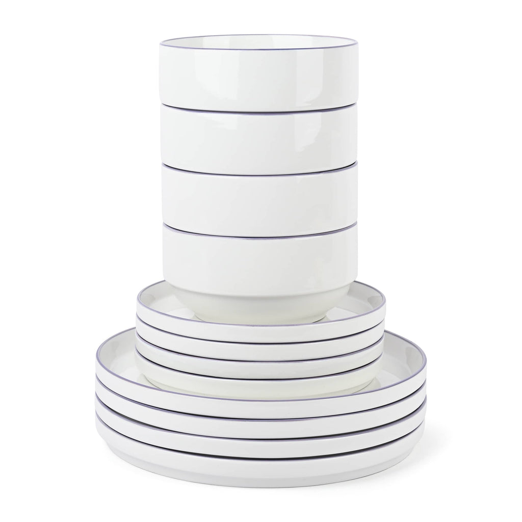 Waterside 12pc Stackable White with Purple Rim Porcelain Dinner Set (Video Attached)