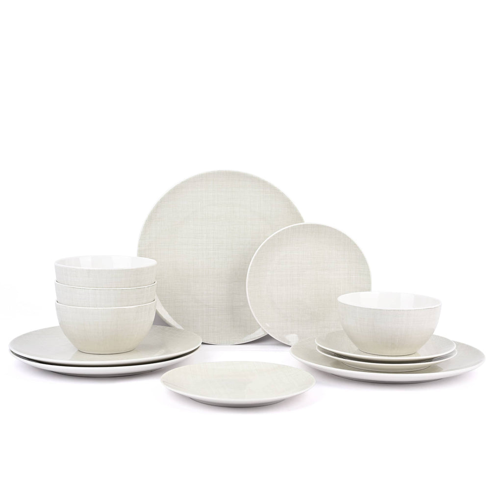 Waterside 12pc Linen Texture  Porcelain Dinner Set ( video attached)