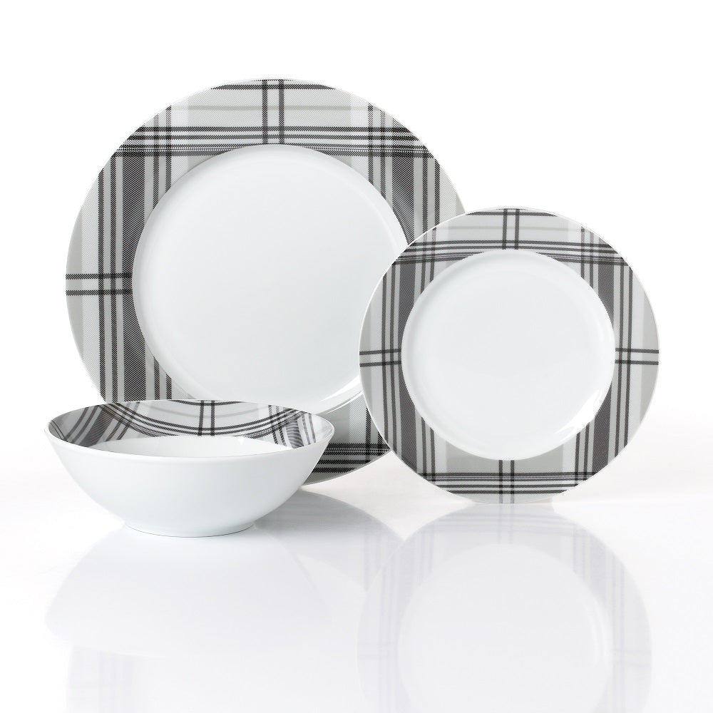 Waterside 12pc Grey Tartan Dinner Set