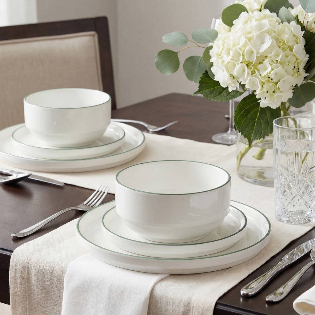 Waterside 12pc Stackable White with Green Rim Porcelain Dinner Set (Video Attached)