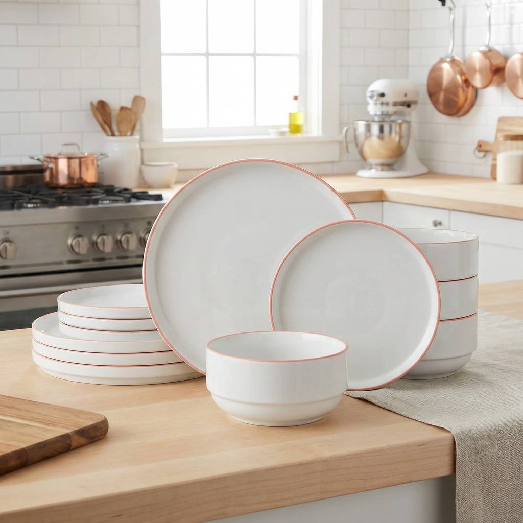 Waterside 12pc Stackable White with Orange Rim Porcelain Dinner Set (Video Attached)
