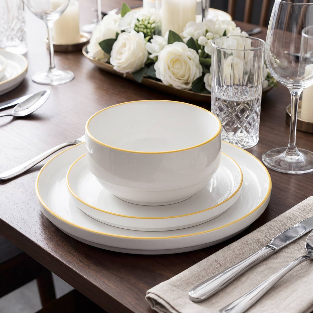 Waterside 12pc Stackable White with Yellow Rim Porcelain Dinner Set (Video Attached)