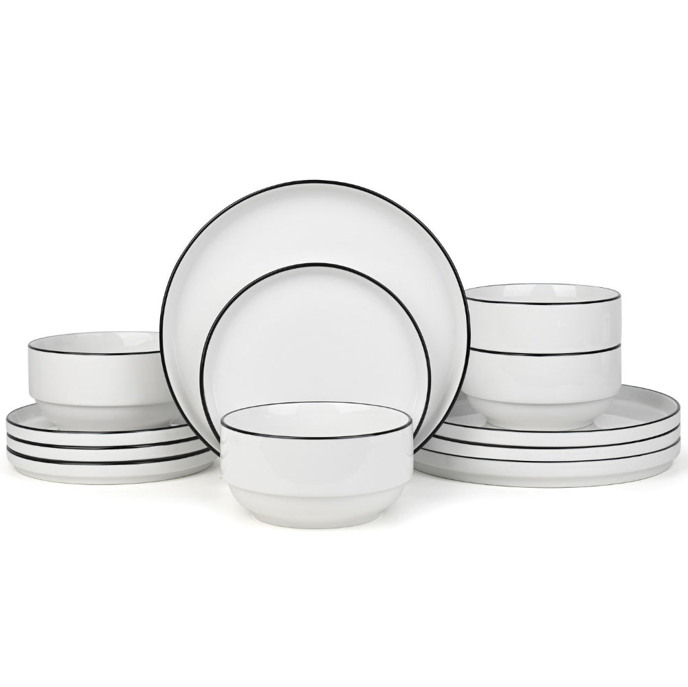 Set of white dinnerware with black stripes on a white background