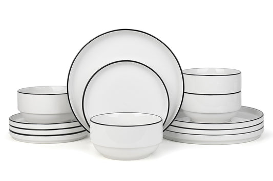 Stackable White with Black Rim Porcelain Dinner Set, 12 Pieces