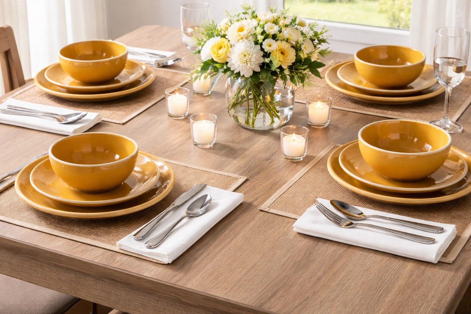 Waterside Saffron Yellow Stoneware Dinnerware Set, 12 Pieces