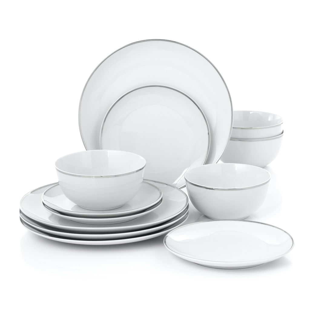 Waterside 12pc Platinum Rim Porcelain Dinner Set (video attached)