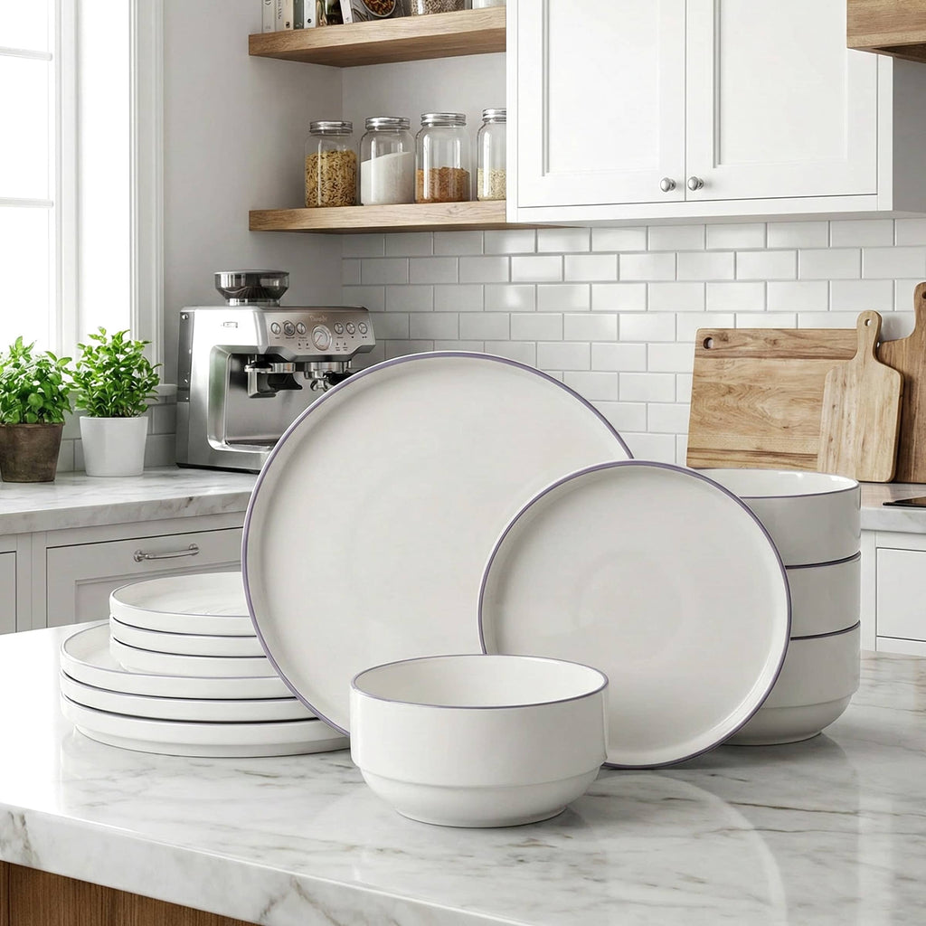 Waterside 12pc Stackable White with Purple Rim Porcelain Dinner Set (Video Attached)