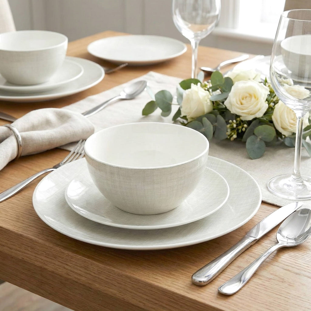 Waterside 12pc Linen Texture  Porcelain Dinner Set ( video attached)